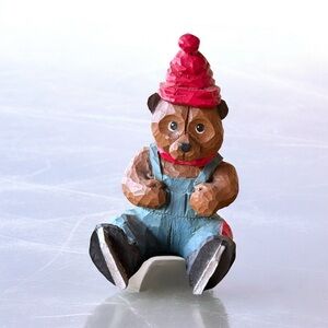 Hand-Carved TJW Wooden Bear Figurine Initials carved AND signed